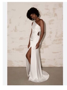 Jenny Yoo White One-Shoulder Cutout Satin Gown with High Slit (Sasha Style)